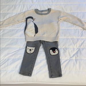 Gap 2t penguin sweater and gray denim Jeans set